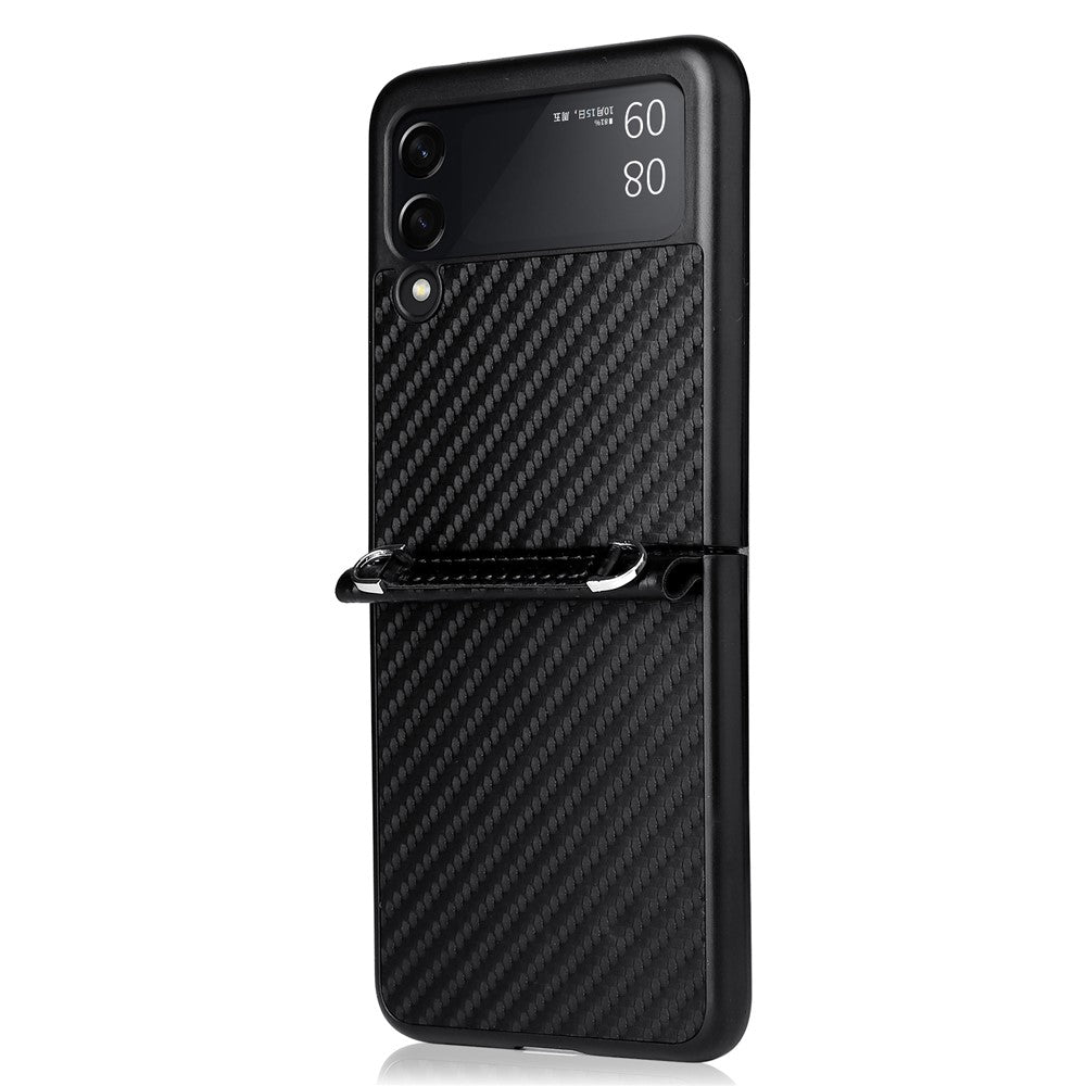 Kolfiberstruktur i ett stycke, PU-läderbelagt PC-mobilskal med rem för Samsung Galaxy Z Flip3 5G