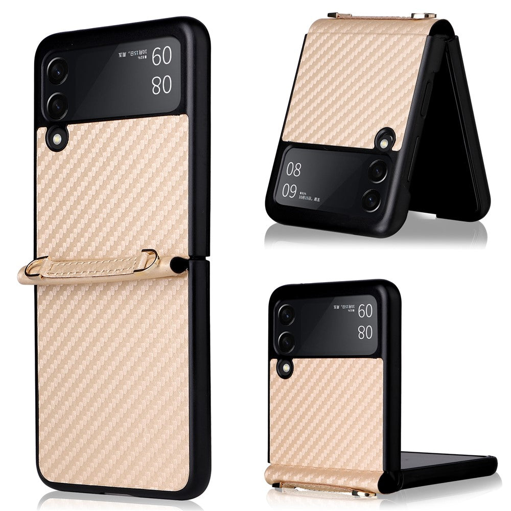 Kolfiberstruktur i ett stycke, PU-läderbelagt PC-mobilskal med rem för Samsung Galaxy Z Flip3 5G