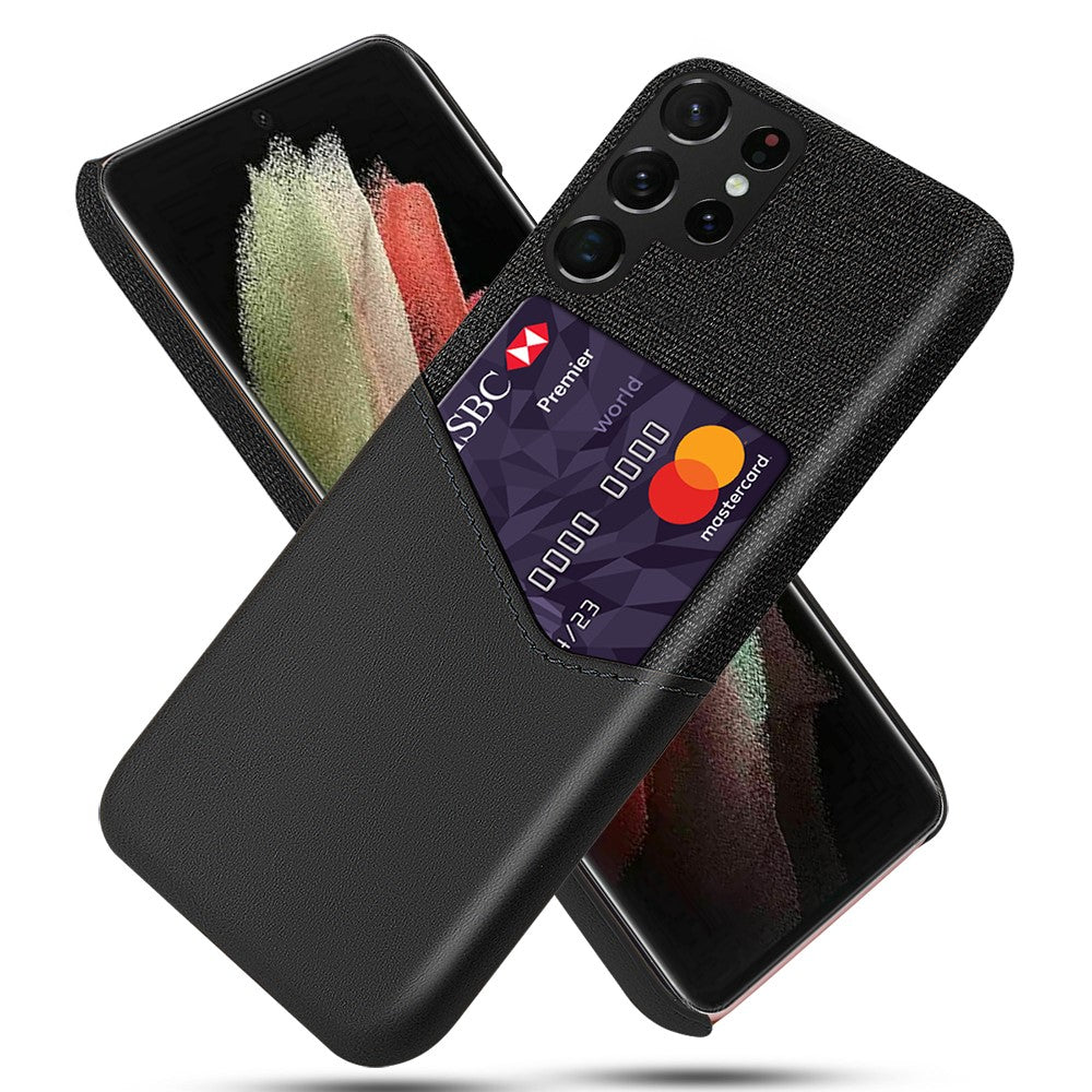 Drop-Resistant PU Leather Coated Hard PC Phone Case Cloth Texture Cover with Single Card Slot for Samsung Galaxy S22 Ultra 5G