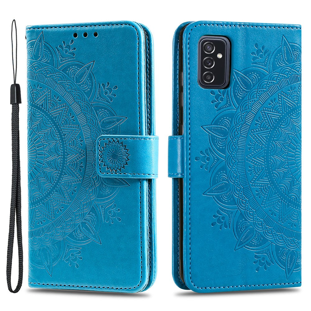 Imprinted Mandala Flower Stylish Anti-fall Wallet Stand Leather Cover Phone Shell with Handy Strap for Samsung Galaxy M52 5G