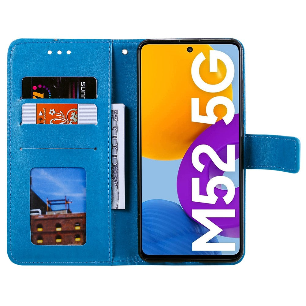 Imprinted Mandala Flower Stylish Anti-fall Wallet Stand Leather Cover Phone Shell with Handy Strap for Samsung Galaxy M52 5G