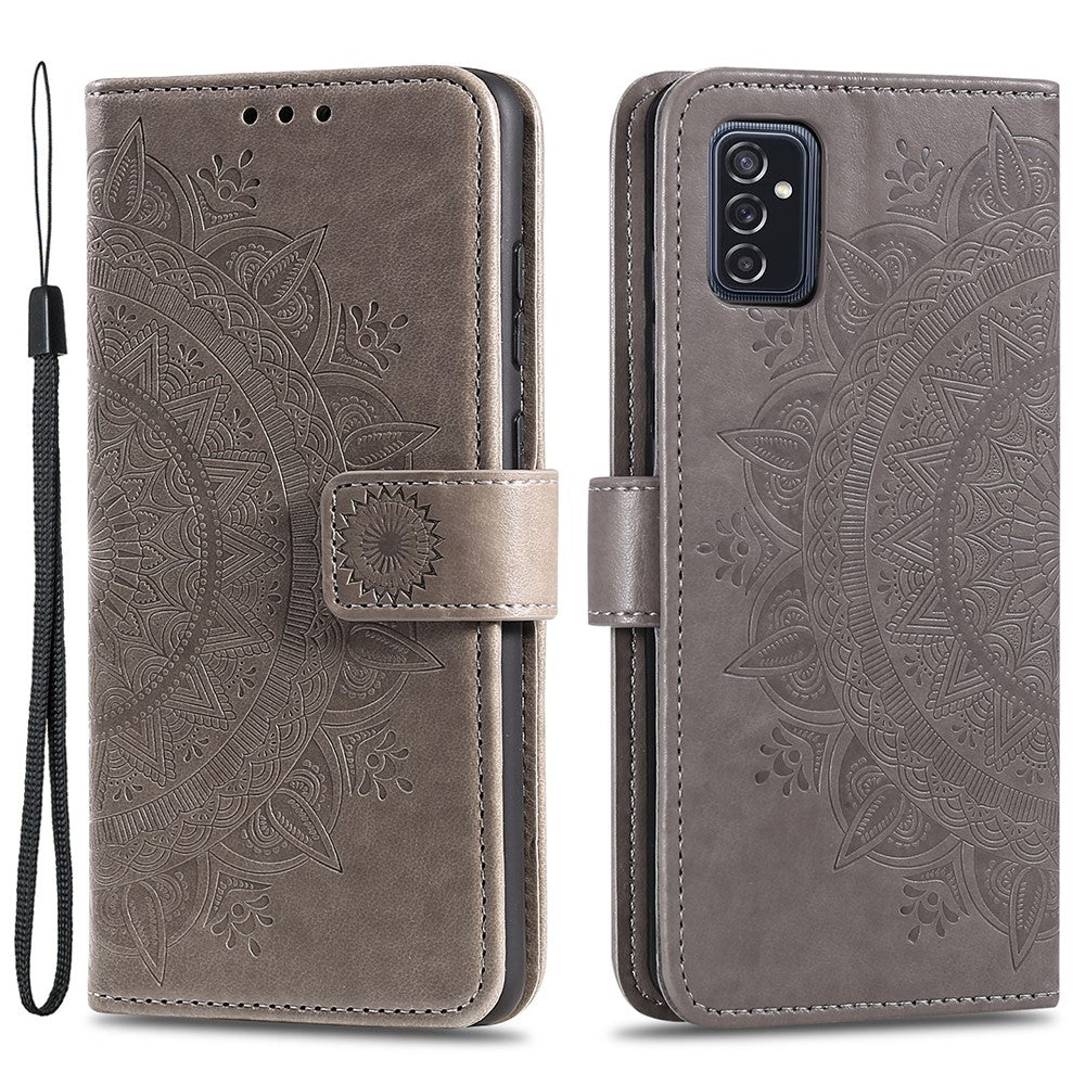 Imprinted Mandala Flower Stylish Anti-fall Wallet Stand Leather Cover Phone Shell with Handy Strap for Samsung Galaxy M52 5G