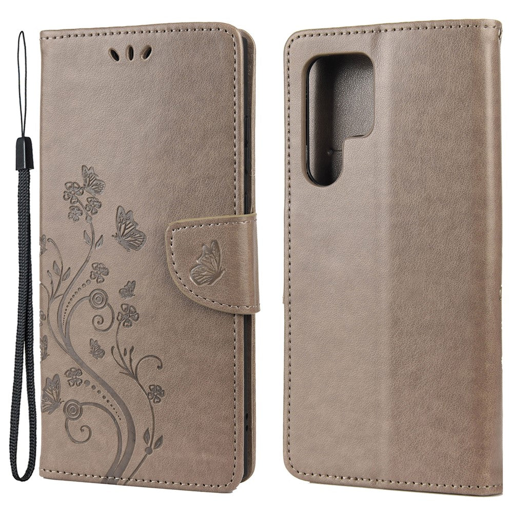 Tryckta fjärilar blommor stativ plånbok läderskydd TPU mobilskal för Samsung Galaxy S22 Ultra 5G