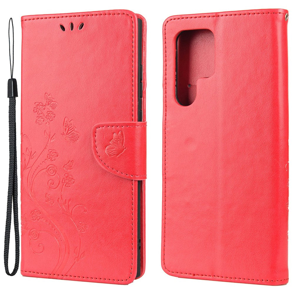 Tryckta fjärilar blommor stativ plånbok läderskydd TPU mobilskal för Samsung Galaxy S22 Ultra 5G