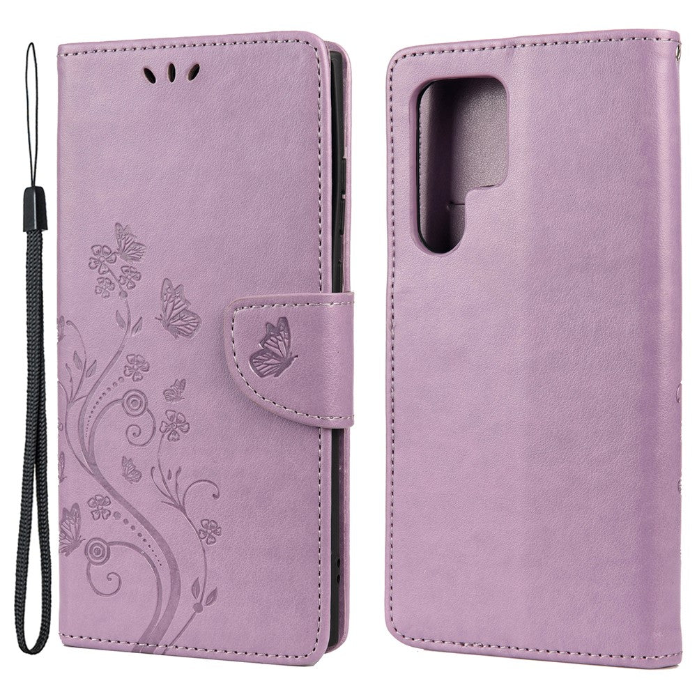 Tryckta fjärilar blommor stativ plånbok läderskydd TPU mobilskal för Samsung Galaxy S22 Ultra 5G