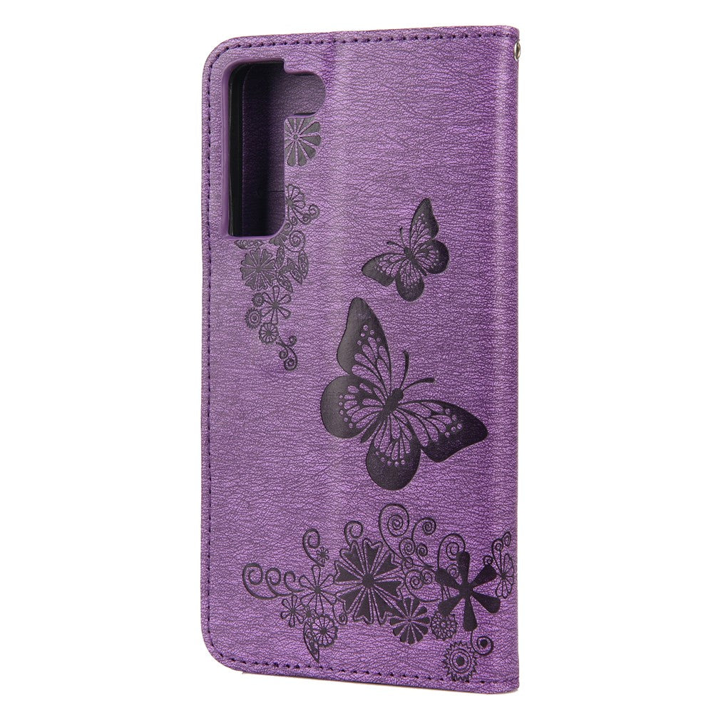 Pung Etui i Læder med Prægning af Sommerfugl og Blomst til Samsung Galaxy S22+ 5G