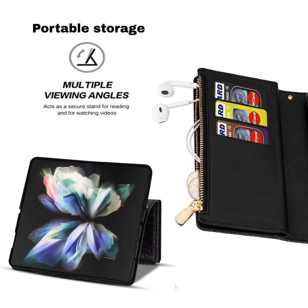 Glittery Starry Style Laser Carving Magnetic Closure Zipper Wallet Stand Protective Leather Phone Case for Samsung Galaxy Z Fold3 5G