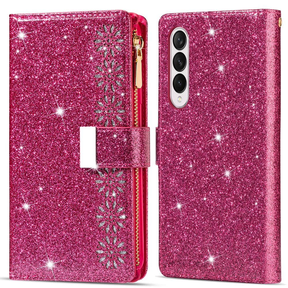 Glittery Starry Style Laser Carving Magnetic Closure Zipper Wallet Stand Protective Leather Phone Case for Samsung Galaxy Z Fold3 5G