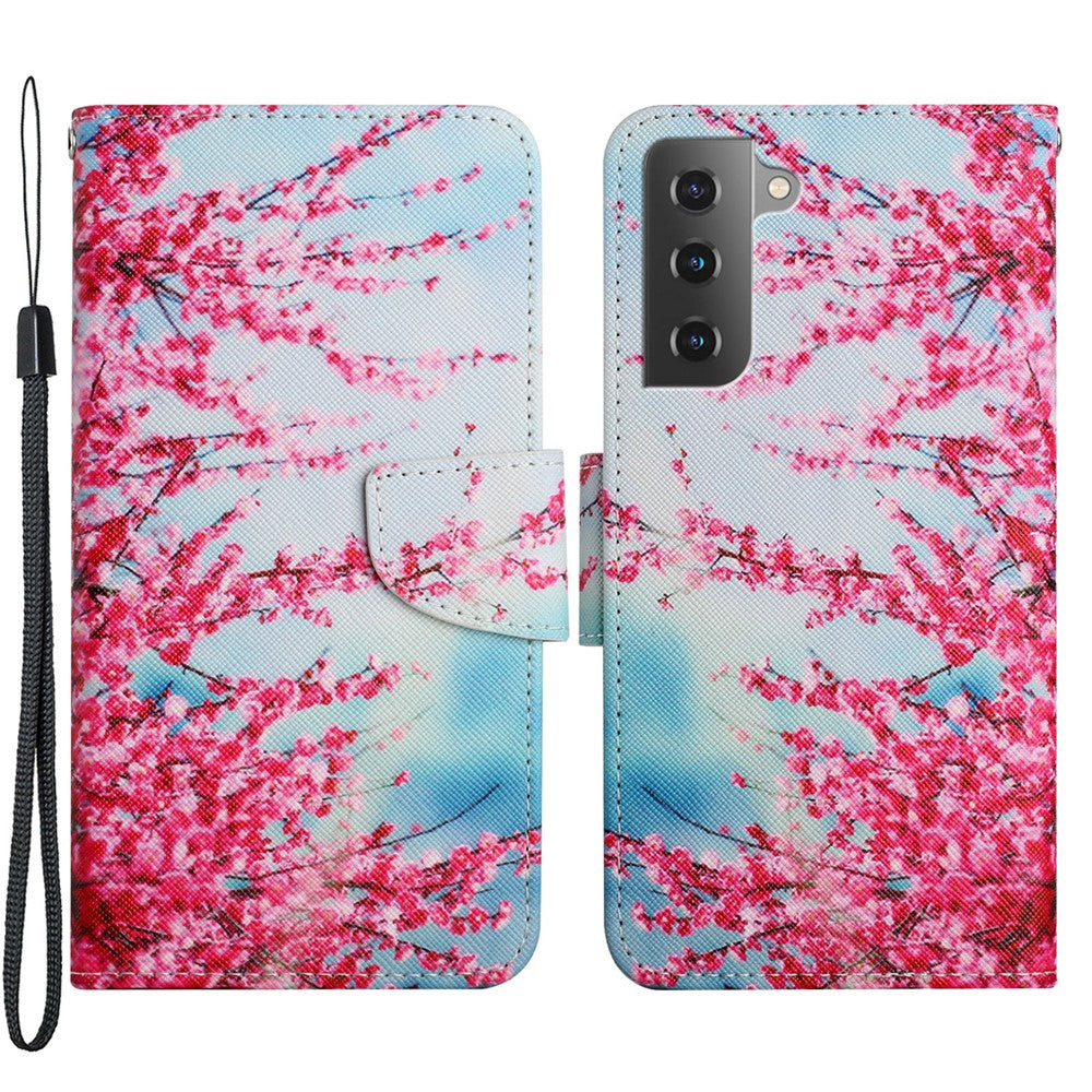 Cross Texture Pattern Printing All-round Protection Leather Phone Case Stand Wallet Shell with Hand Strap for Samsung Galaxy S22+ 5G