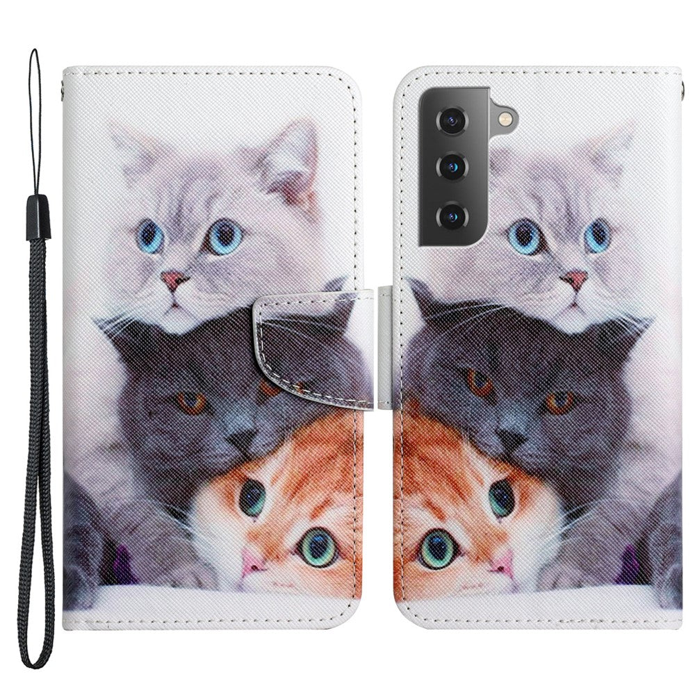 Cross Texture Pattern Printing All-round Protection Leather Phone Case Stand Wallet Shell with Hand Strap for Samsung Galaxy S22+ 5G