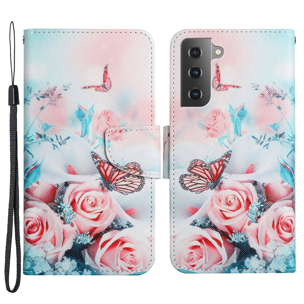 Cross Texture Pattern Printing All-round Protection Leather Phone Case Stand Wallet Shell with Hand Strap for Samsung Galaxy S22+ 5G