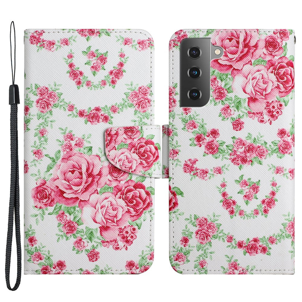 Cross Texture Pattern Printing All-round Protection Leather Phone Case Stand Wallet Shell with Hand Strap for Samsung Galaxy S22+ 5G