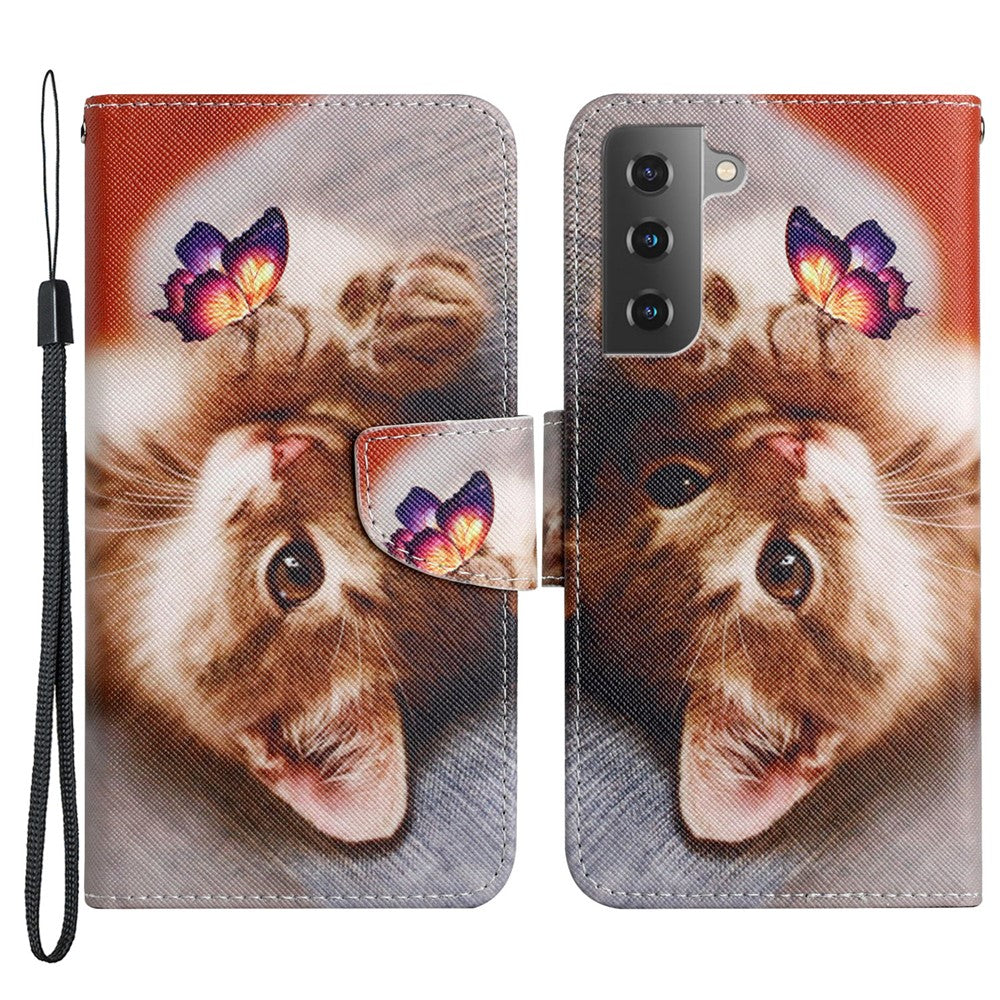 Cross Texture Pattern Printing All-round Protection Leather Phone Case Stand Wallet Shell with Hand Strap for Samsung Galaxy S22+ 5G