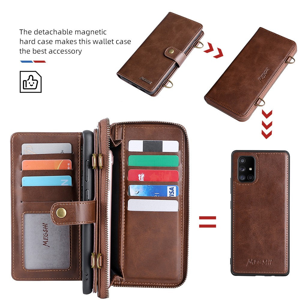 MEGSHI 020 Series Magnetic Absorption Wallet Anti-fall Detachable Design PU Leather TPU Case Shell with Long Strap for Samsung Galaxy A71 5G SM-A716