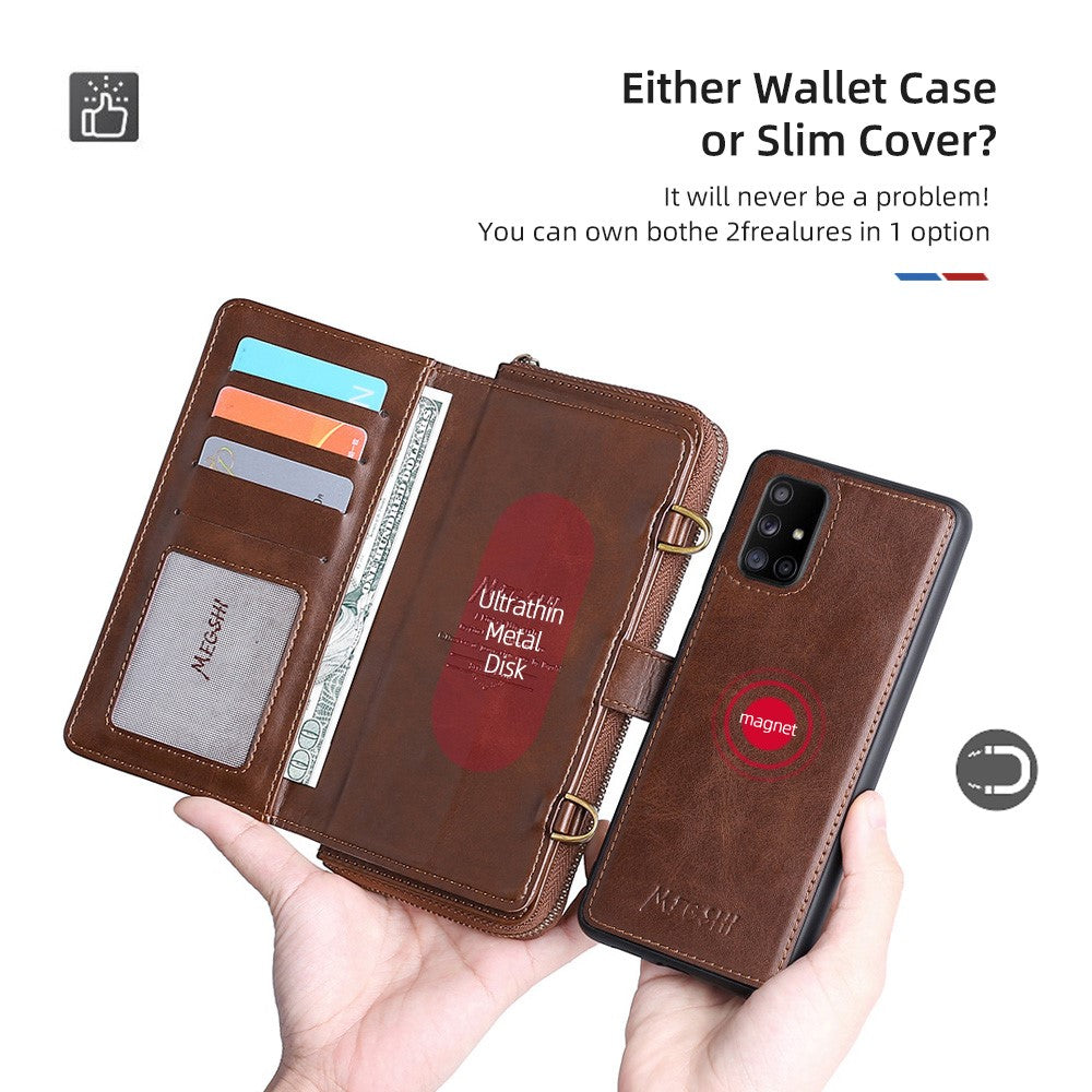 MEGSHI 020 Series Magnetic Absorption Wallet Anti-fall Detachable Design PU Leather TPU Case Shell with Long Strap for Samsung Galaxy A71 5G SM-A716