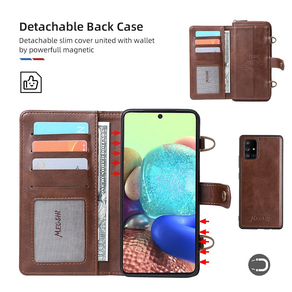 MEGSHI 020 Series Magnetic Absorption Wallet Anti-fall Detachable Design PU Leather TPU Case Shell with Long Strap for Samsung Galaxy A71 5G SM-A716
