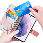 Marmormønster Splejsning Velbeskyttet Stilfuldt Læder Etui Pung Stativ Telefoncover med Praktisk Rem til Samsung Galaxy S22 5G