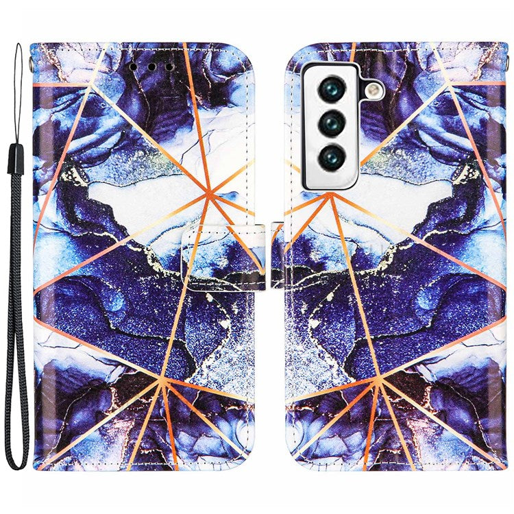 Marble Pattern Splicing Well-Protected Stylish Leather Case Wallet Stand Phone Cover with Handy Strap for Samsung Galaxy S22 5G