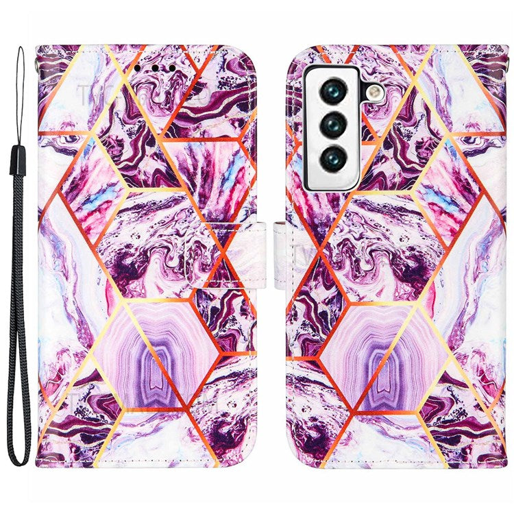 Marble Pattern Splicing Well-Protected Stylish Leather Case Wallet Stand Phone Cover with Handy Strap for Samsung Galaxy S22 5G