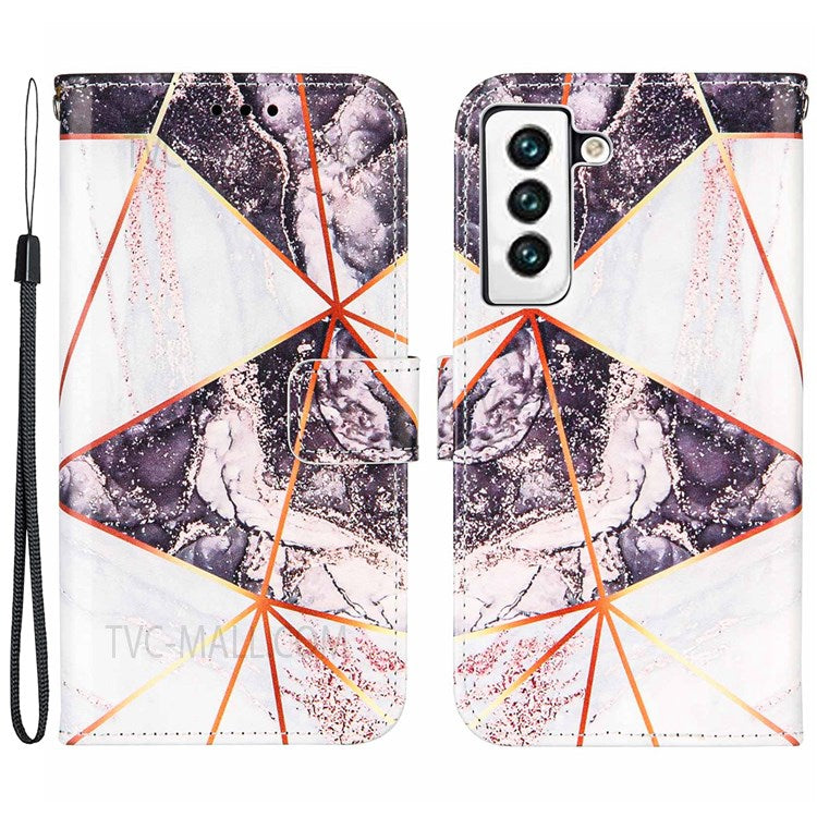 Marble Pattern Splicing Well-Protected Stylish Leather Case Wallet Stand Phone Cover with Handy Strap for Samsung Galaxy S22 5G