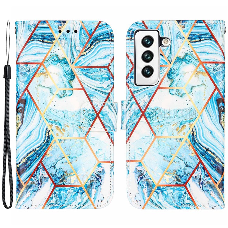 Marble Pattern Splicing Well-Protected Stylish Leather Case Wallet Stand Phone Cover with Handy Strap for Samsung Galaxy S22 5G