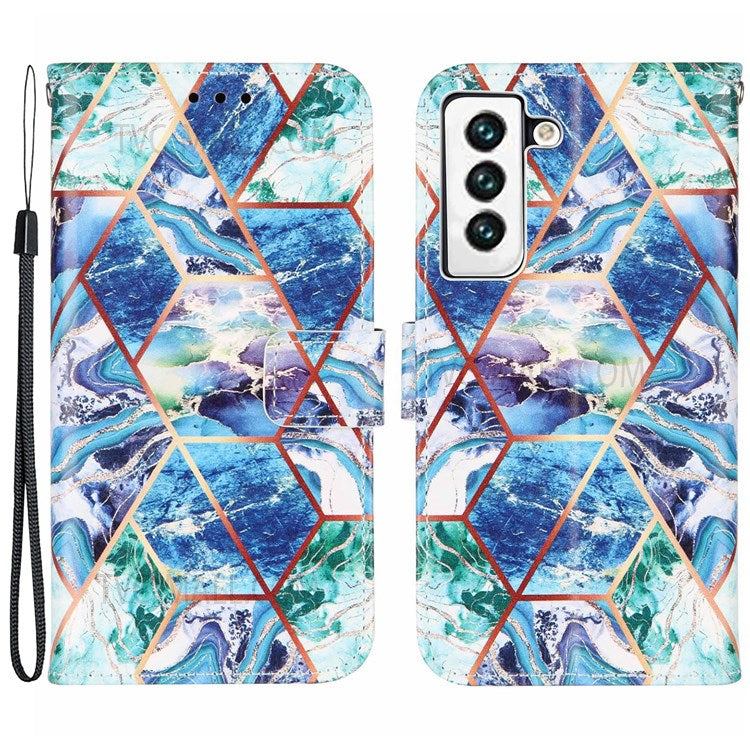 Marble Pattern Splicing Well-Protected Stylish Leather Case Wallet Stand Phone Cover with Handy Strap for Samsung Galaxy S22 5G