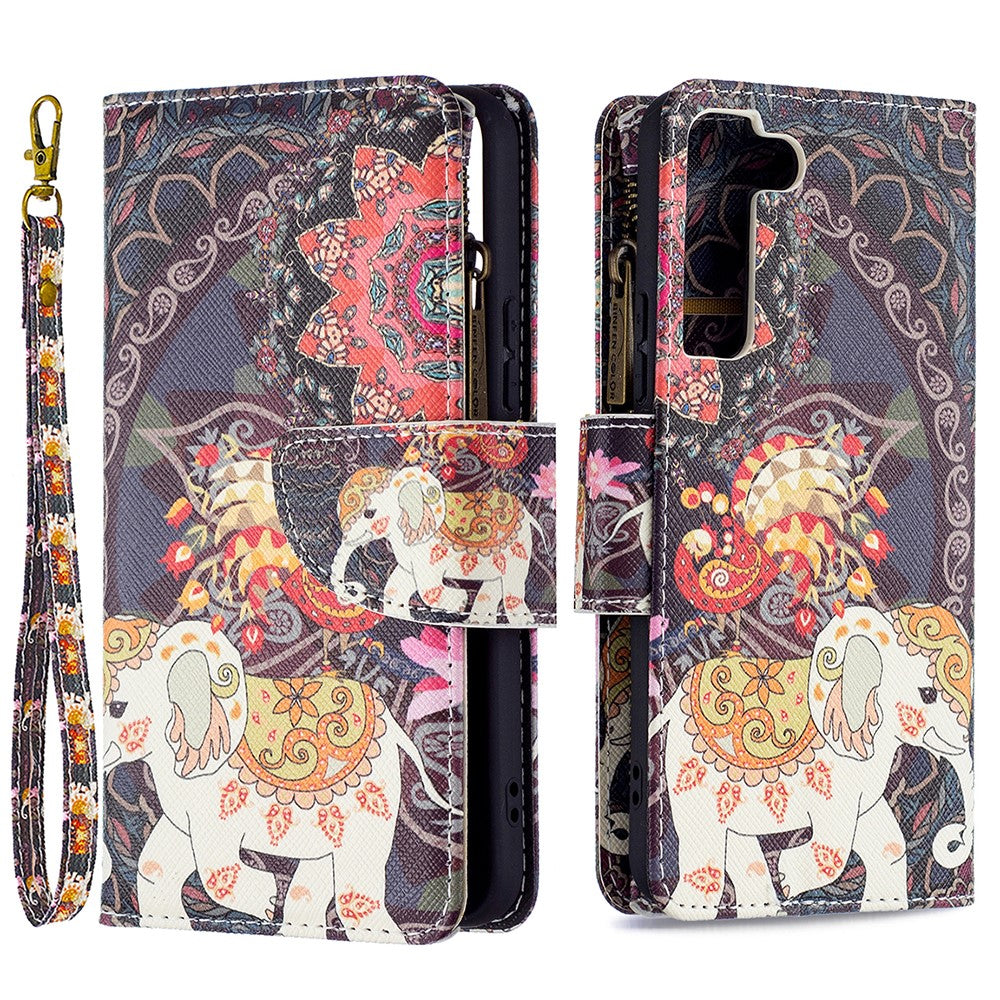 BF03 mønstertryk, stativdesign, lynlåslomme, læderetui, stativmobilcover med håndrem til Samsung Galaxy S22 5G