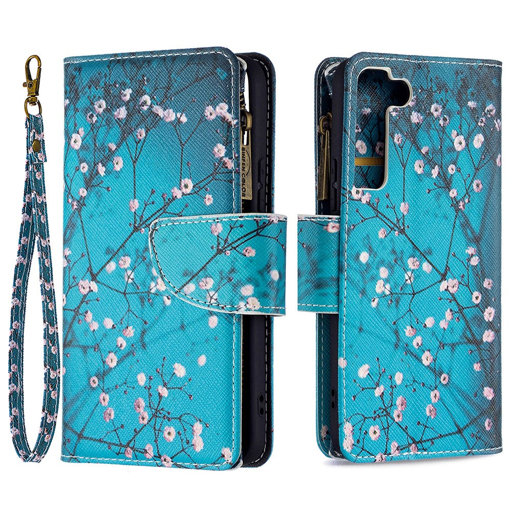 BF03 mønstertryk, stativdesign, lynlåslomme, læderetui, stativmobilcover med håndrem til Samsung Galaxy S22 5G