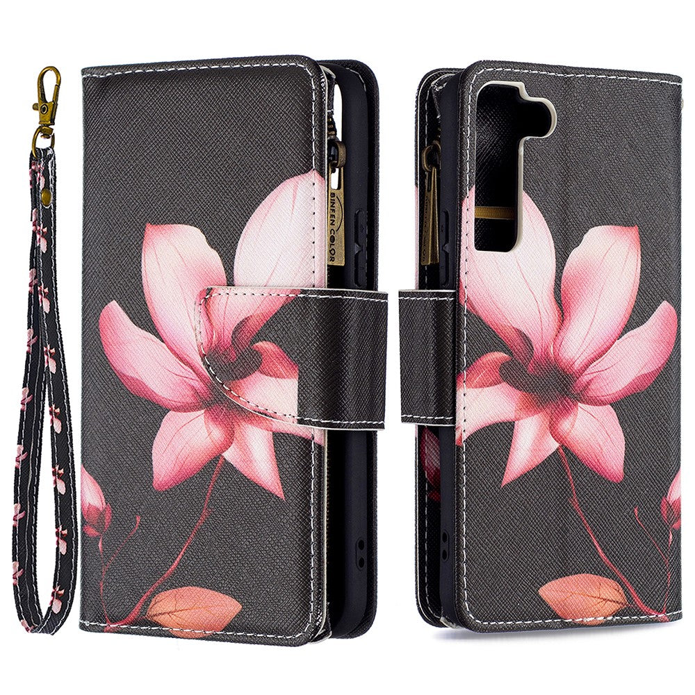 BF03 Pattern Printing Stand Design Zipper Pocket Leather Case Stand Phone Cover with Hand Strap for Samsung Galaxy S22 5G