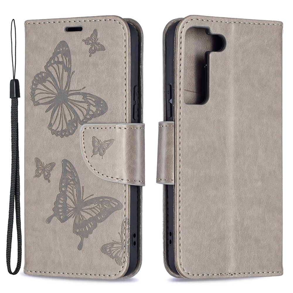 Butterfly Imprinted PU Leather Magnetic Flip Case Wallet Stand Shockproof Cover with Strap for Samsung Galaxy S22 5G