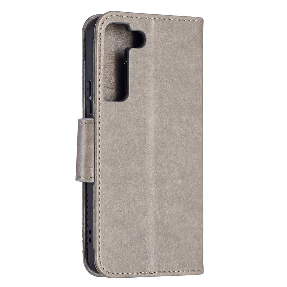 Butterfly Imprinted PU Leather Magnetic Flip Case Wallet Stand Shockproof Cover with Strap for Samsung Galaxy S22 5G