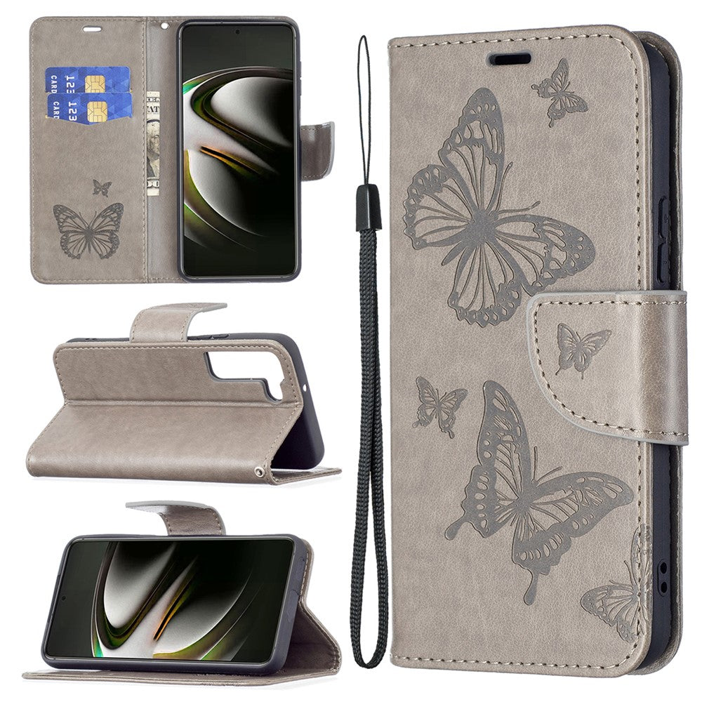 Butterfly Imprinted PU Leather Magnetic Flip Case Wallet Stand Shockproof Cover with Strap for Samsung Galaxy S22 5G
