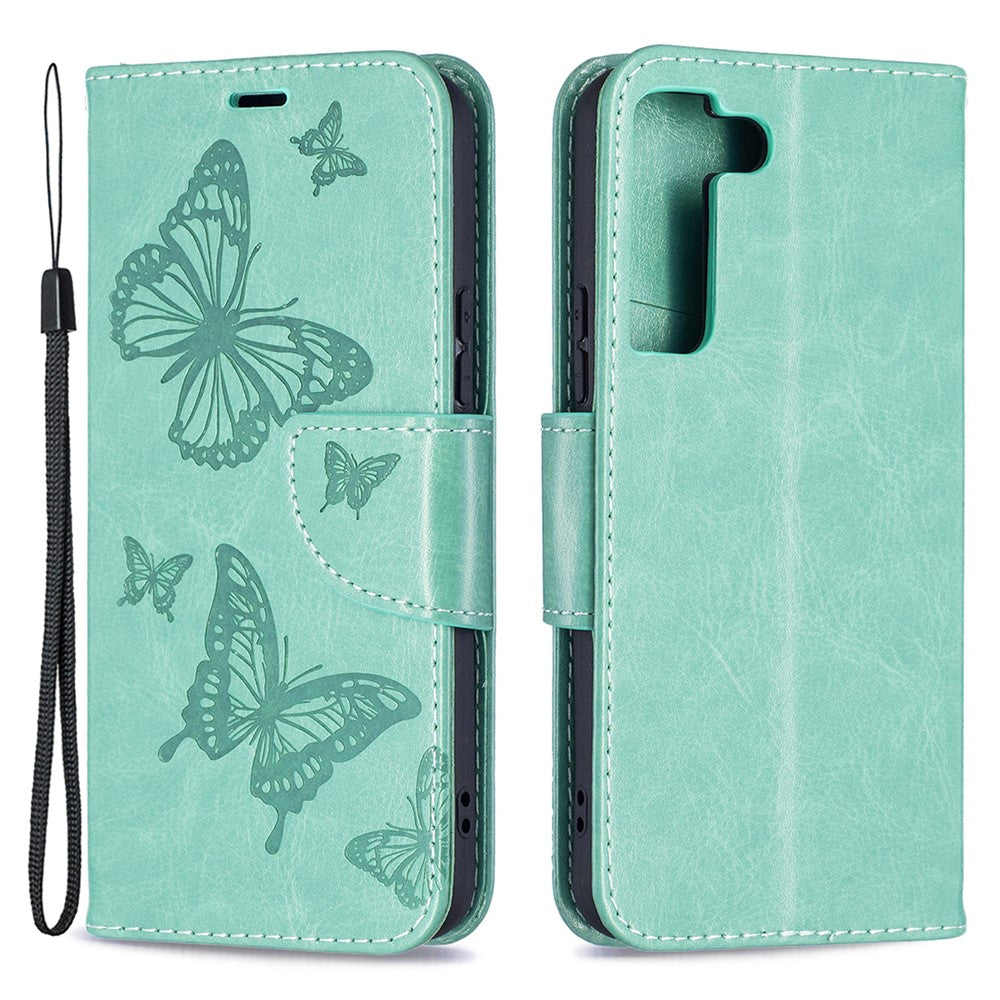 Butterfly Imprinted PU Leather Magnetic Flip Case Wallet Stand Shockproof Cover with Strap for Samsung Galaxy S22 5G