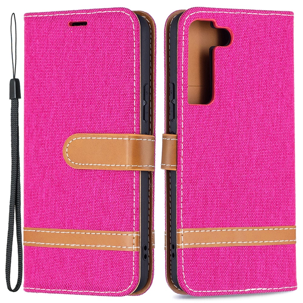 Skarvning jeans-tekstil, magnetisk lukning, stativ, PU-læderpung, lædermobilcover med bærerem til Samsung Galaxy S22 5G