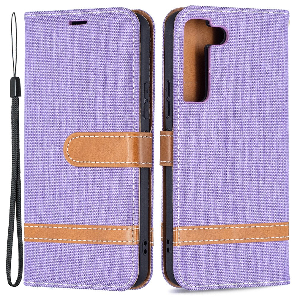 Skarvning jeans-tekstil, magnetisk lukning, stativ, PU-læderpung, lædermobilcover med bærerem til Samsung Galaxy S22 5G