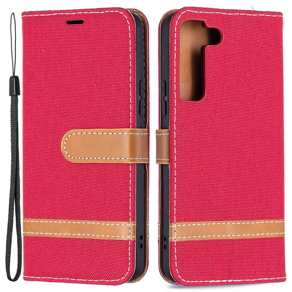 Skarvning jeans-tekstil, magnetisk lukning, stativ, PU-læderpung, lædermobilcover med bærerem til Samsung Galaxy S22 5G
