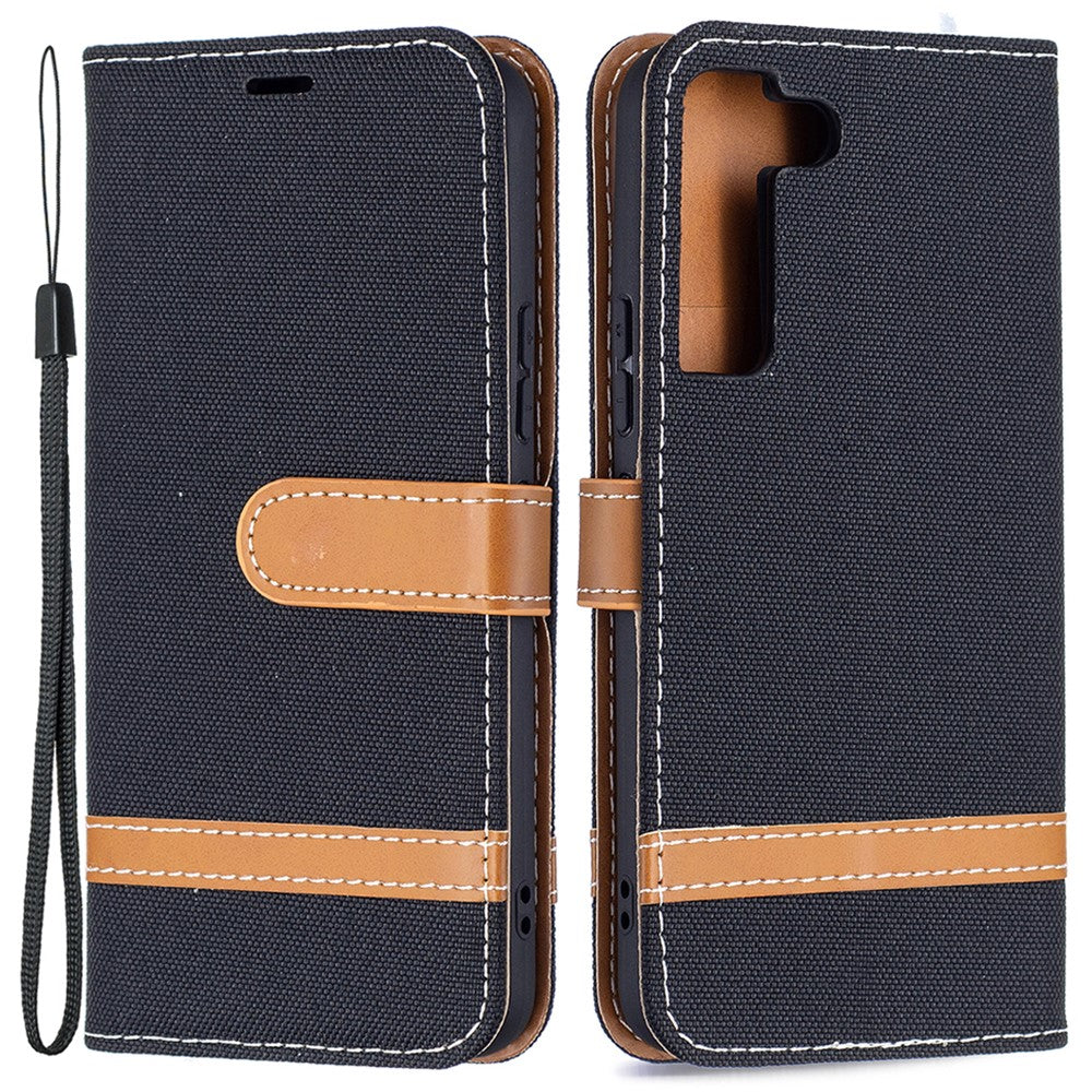 Splicing Jeans Cloth Magnetic Clasp Stand PU Leather Wallet Leather Phone Case with Carrying Lanyard for Samsung Galaxy S22 5G