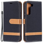Påsplejsning af jeansstof Magnetisk lukning Stander PU-læderpung Lædertelefoncover med bæresnor til Samsung Galaxy S22 5G