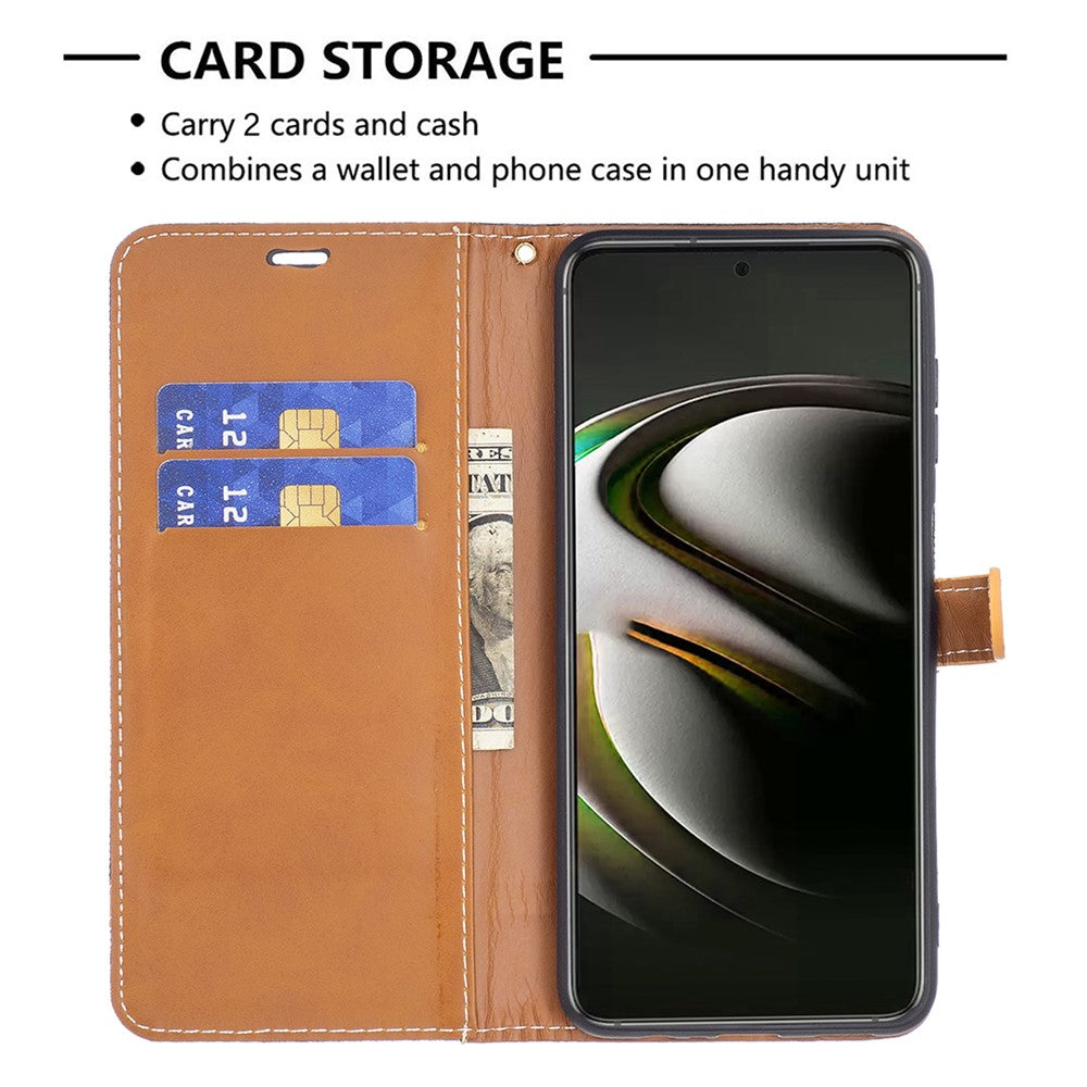 Påsplejsning af jeansstof Magnetisk lukning Stander PU-læderpung Lædertelefoncover med bæresnor til Samsung Galaxy S22 5G