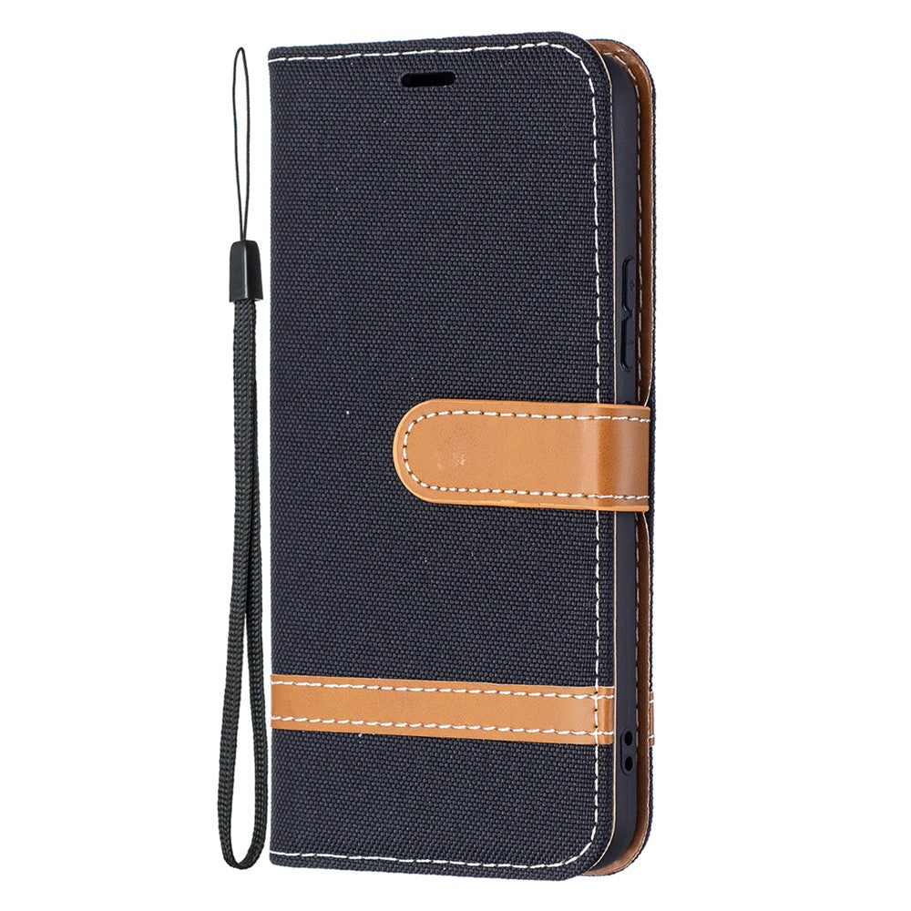 Påsplejsning af jeansstof Magnetisk lukning Stander PU-læderpung Lædertelefoncover med bæresnor til Samsung Galaxy S22 5G