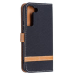 Påsplejsning af jeansstof Magnetisk lukning Stander PU-læderpung Lædertelefoncover med bæresnor til Samsung Galaxy S22 5G