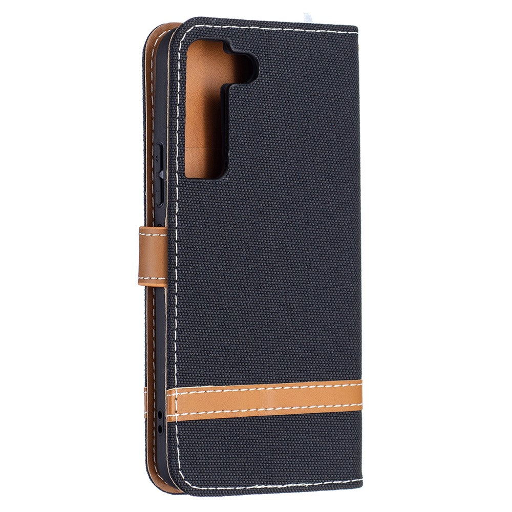 Påsplejsning af jeansstof Magnetisk lukning Stander PU-læderpung Lædertelefoncover med bæresnor til Samsung Galaxy S22 5G