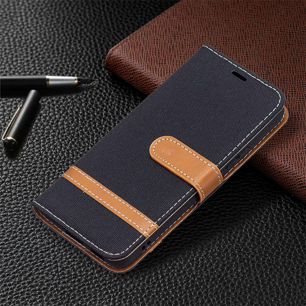 Påsplejsning af jeansstof Magnetisk lukning Stander PU-læderpung Lædertelefoncover med bæresnor til Samsung Galaxy S22 5G