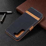 Påsplejsning af jeansstof Magnetisk lukning Stander PU-læderpung Lædertelefoncover med bæresnor til Samsung Galaxy S22 5G