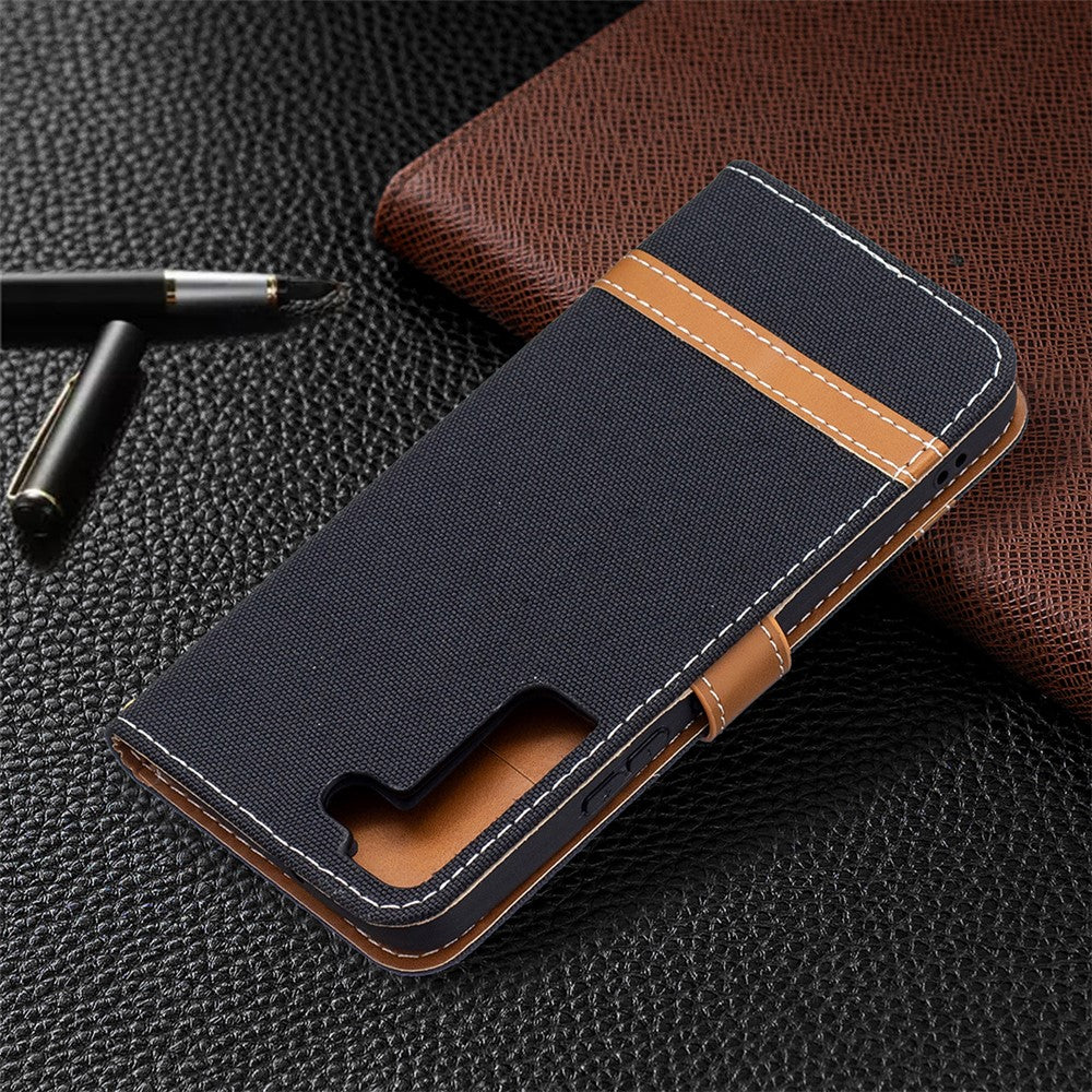 Påsplejsning af jeansstof Magnetisk lukning Stander PU-læderpung Lædertelefoncover med bæresnor til Samsung Galaxy S22 5G