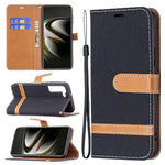 Påsplejsning af jeansstof Magnetisk lukning Stander PU-læderpung Lædertelefoncover med bæresnor til Samsung Galaxy S22 5G