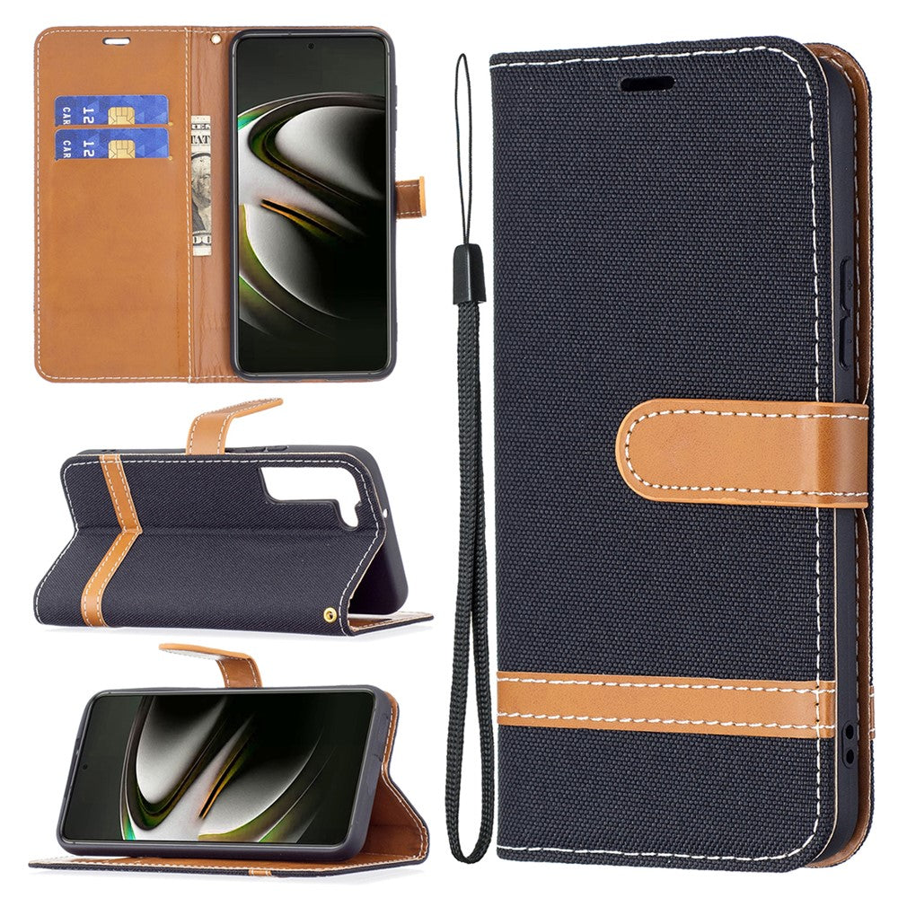 Påsplejsning af jeansstof Magnetisk lukning Stander PU-læderpung Lædertelefoncover med bæresnor til Samsung Galaxy S22 5G