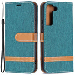 Skarvning jeans-tekstil, magnetisk lukning, stativ, PU-læderpung, lædermobilcover med bærerem til Samsung Galaxy S22 5G