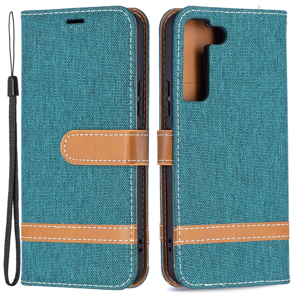 Skarvning jeans-tekstil, magnetisk lukning, stativ, PU-læderpung, lædermobilcover med bærerem til Samsung Galaxy S22 5G