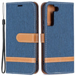 Skarvning jeans-tekstil, magnetisk lukning, stativ, PU-læderpung, lædermobilcover med bærerem til Samsung Galaxy S22 5G